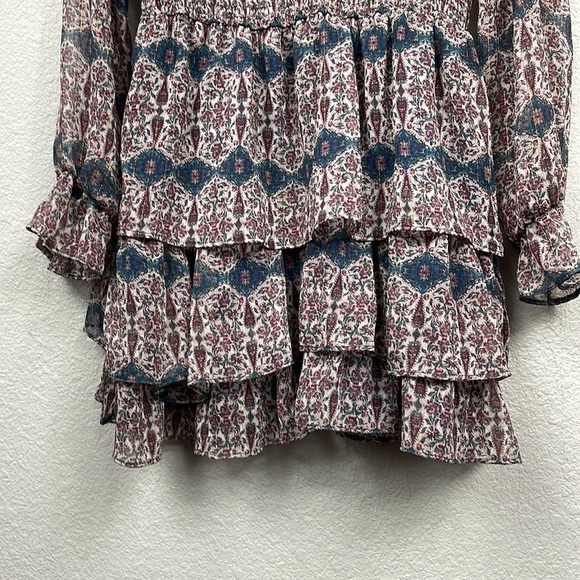 Zara V Neck Ruffle Trim Mini Dress Rust Geo Paisley Boho Cottagecore Sz S - Picture 6 of 14